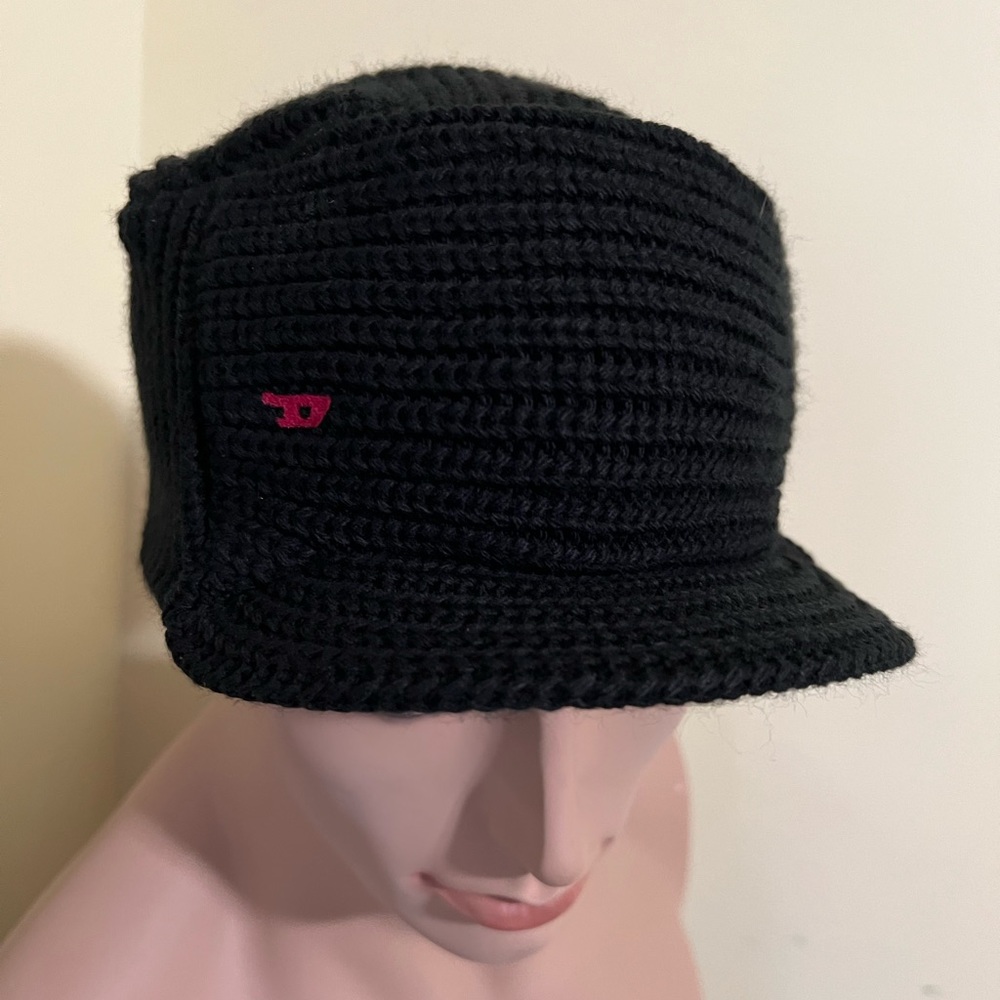 Diesel designer black knit unisex hat cap one size new